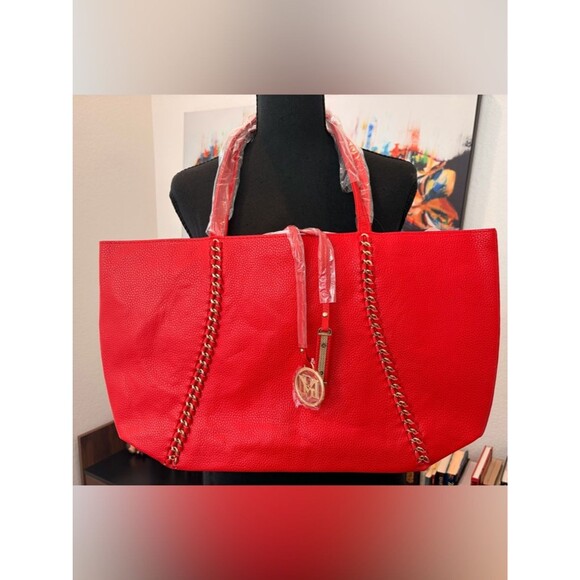 Badgley Mischka Handbags - Badgley Mischka Red Tote with Gold Chain Detail